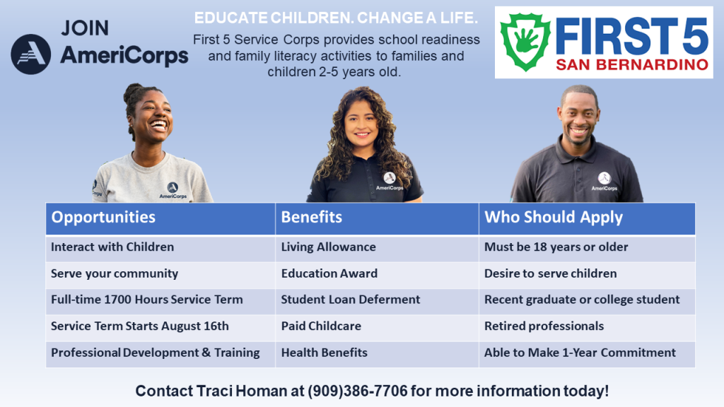 First 5 Services Corps informational flyer with opportunities, benefits and who can apply. 